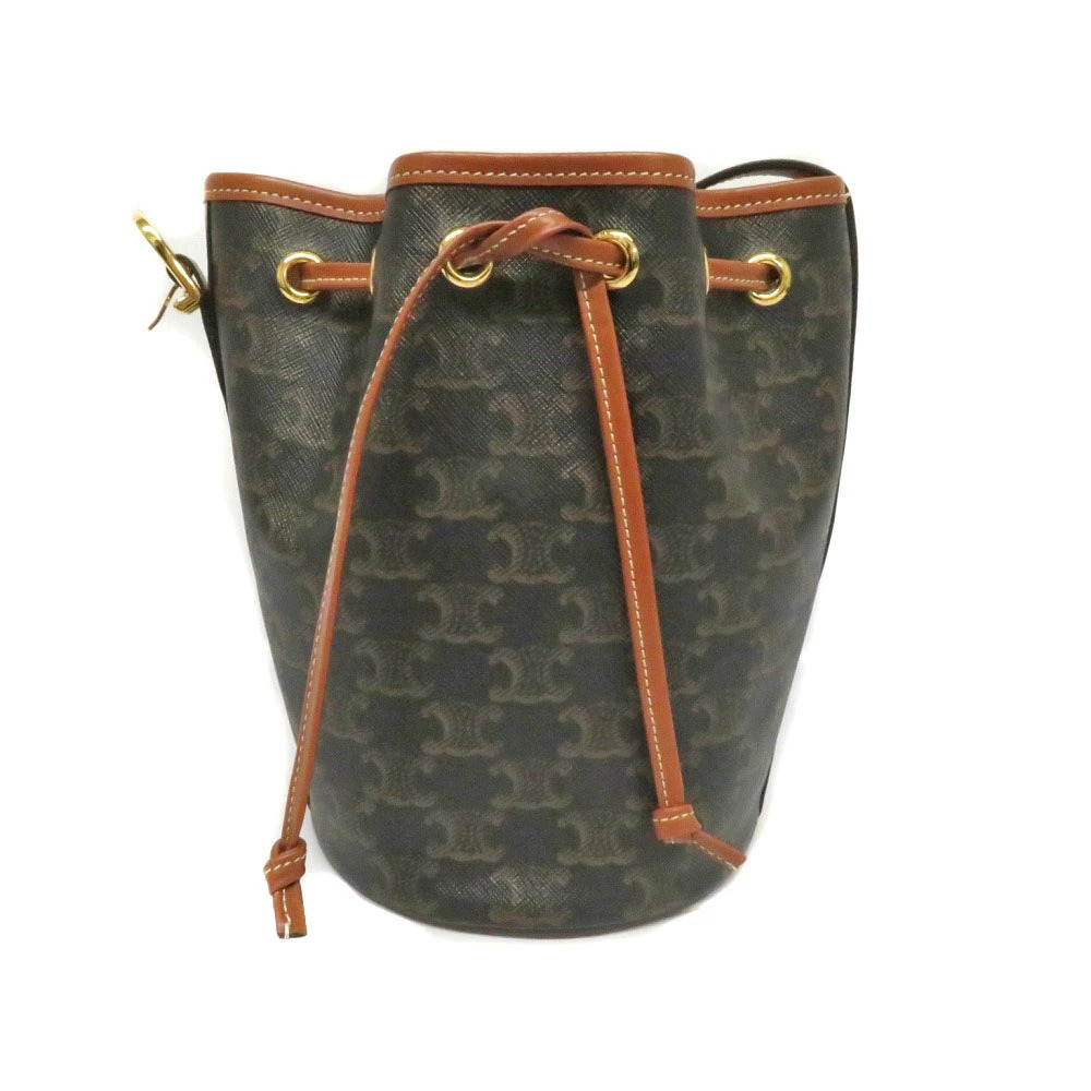 CELINE Drawstring Bag Shoulder Triomphe Canvas Leather Black Brown